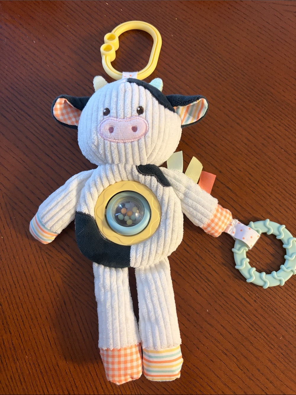 Plush Cow Sensory Rattle & Teether - White with Pastel Accents